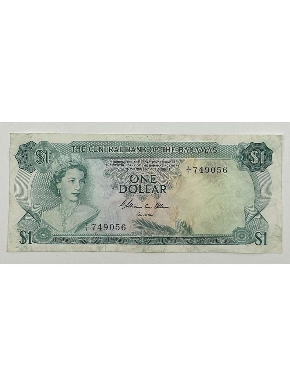 1974 Central Bank of Bahamas One Dollar Bill QEII Signed WC Allen Circulated P10